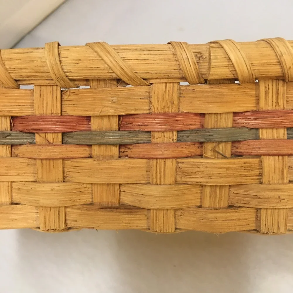Handmade Woven Splint Basket Home Decor Natural Red Green 1992 Artisan Vintage